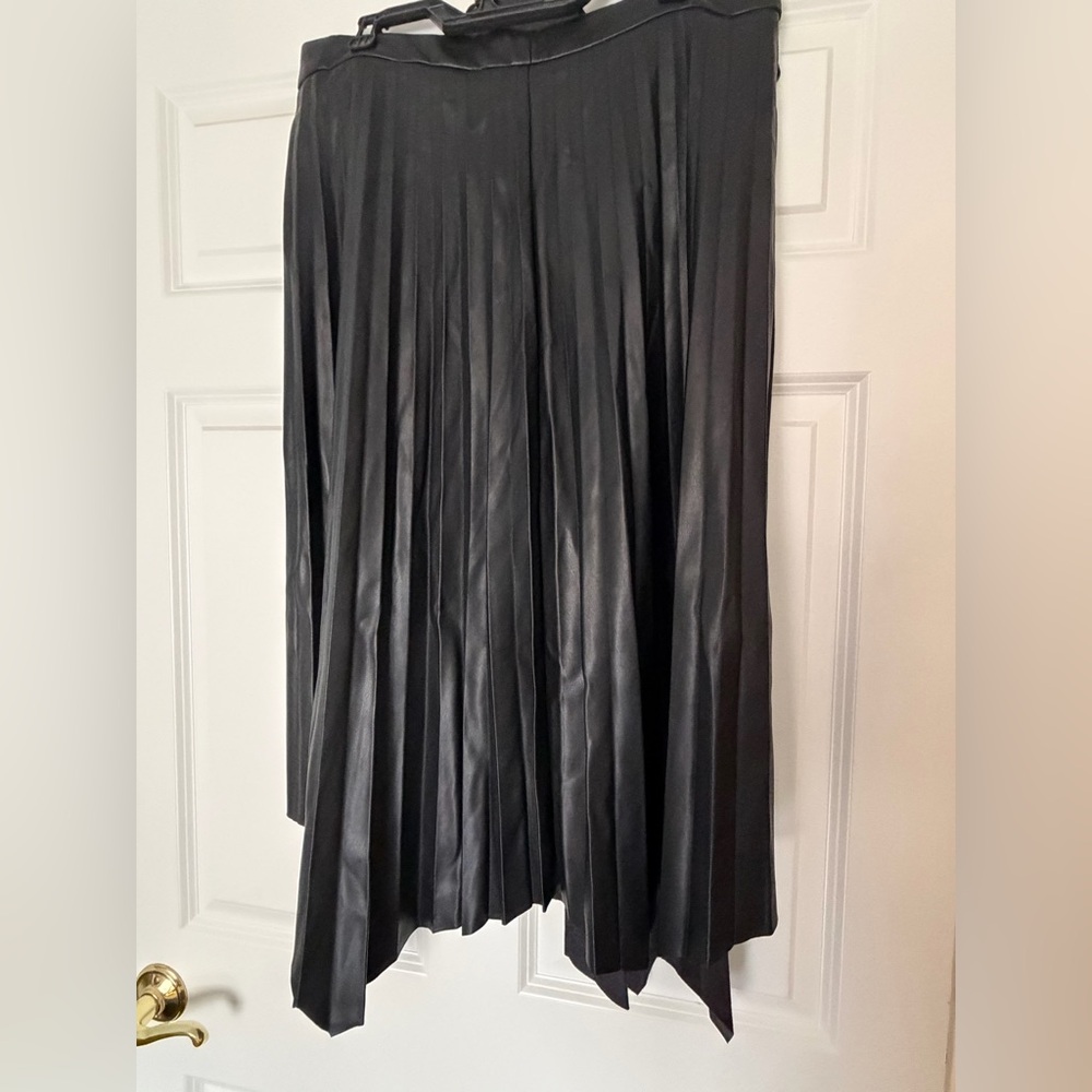 Tahari Black Faux-Leather Asymmetrical Pleated Long Skirt